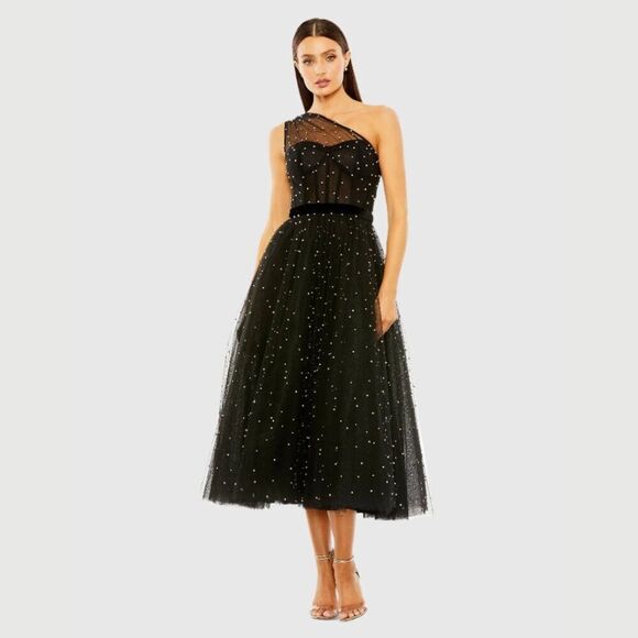 Mac Duggal 20745 Size 4‎ One Shoulder Black White Pearl Beaded Tulle Midi Dress - Picture 5 of 7